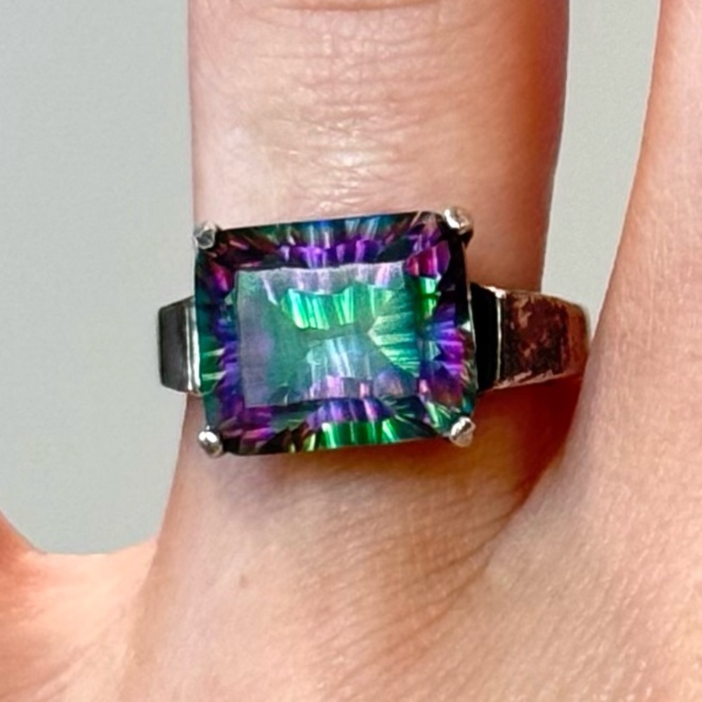 Vintage Emerald Cut Mystic Topaz Sterling Silver Ring Size 6.5 Gemstone 3ct